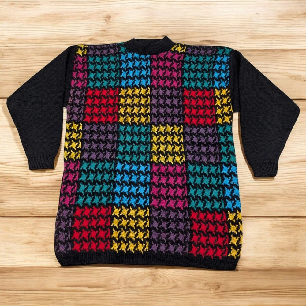 Vintage 80s AMERICAN PRIDE Tag Rainbow Houndstooth Sweater Adult Size‎ M